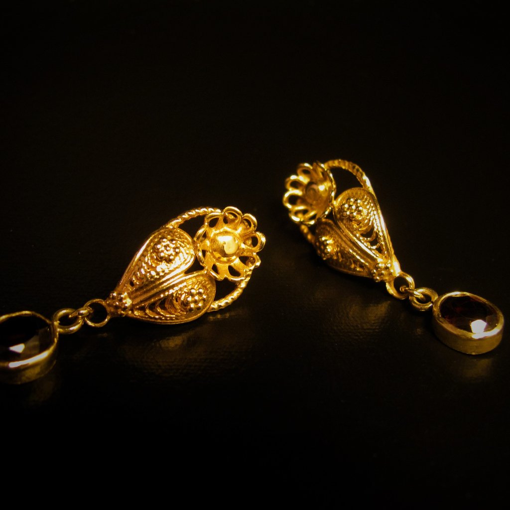 Gold Earrings Filigree Earrings 14k Gold Filigree Earrings With Red Garnet 660$